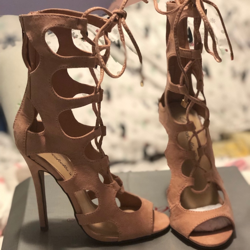 Nude Cutout Lace-up Booties /High Heels